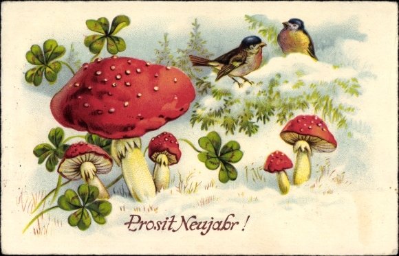 Postkarte Glückwunsch Neujahr, Fliegenpilze, Kleeblätter, Vög
