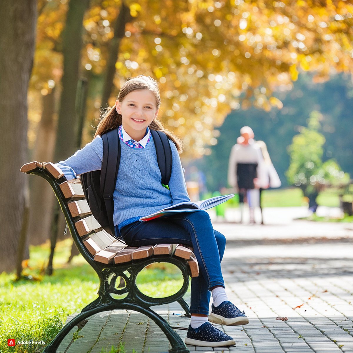 Firefly 12 years old girl sitting in the park on a bench 62571.j